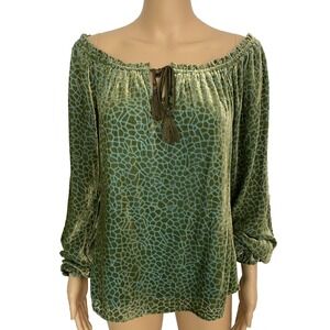 2/$30 Hale Bob Blouse Top Sz S Green Reptile Print Velour Long Sleeve Whimsycal